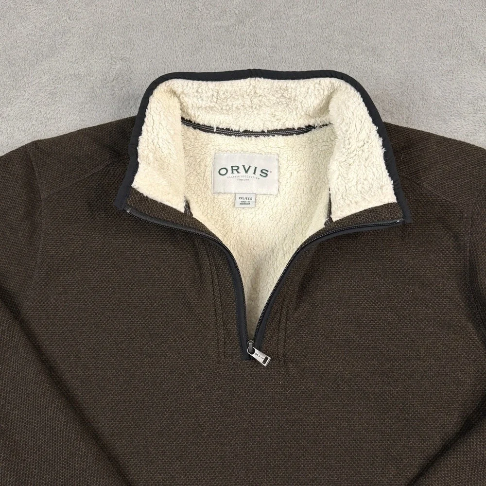 Orvis Mens XXL Brown Quarter Zip Sherpa Lined Collar Textured Fleece Pullover‎